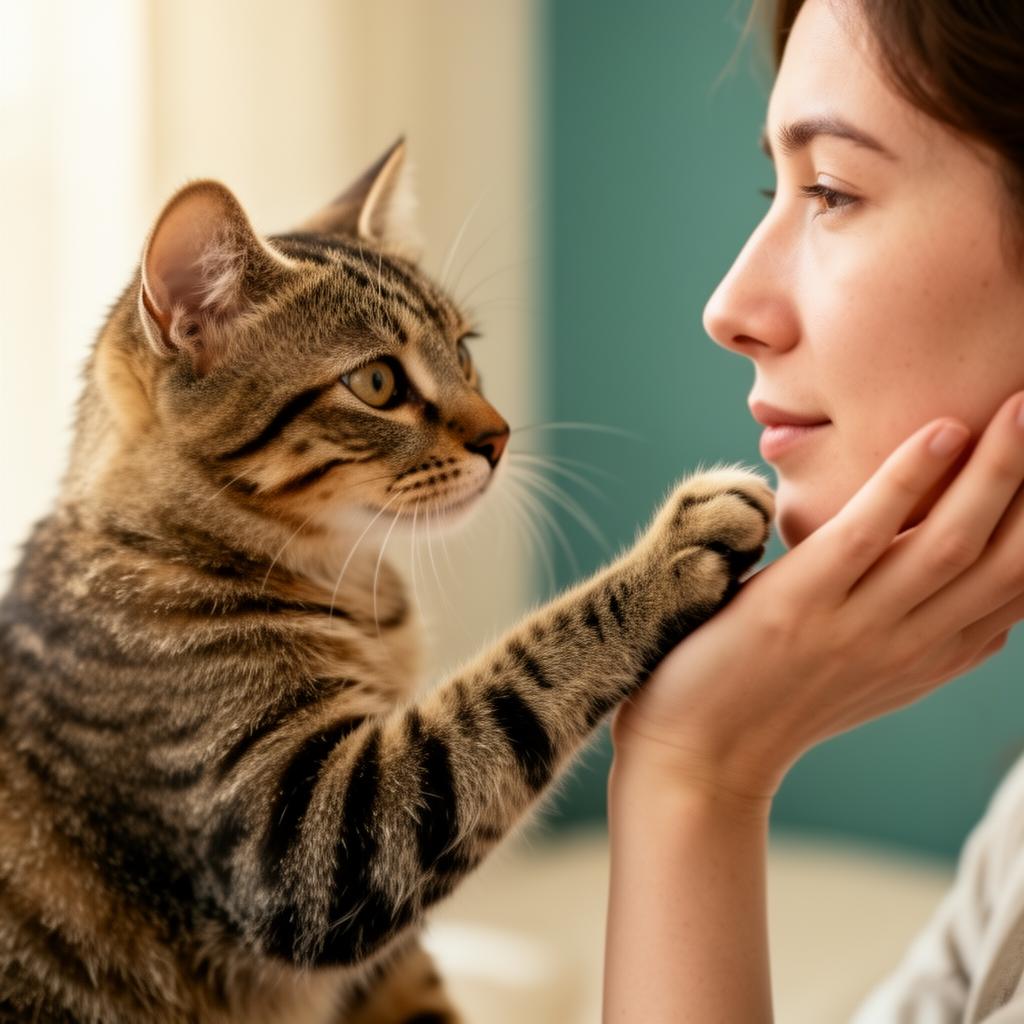 Tabby cat reaching its paw to a person's cheek