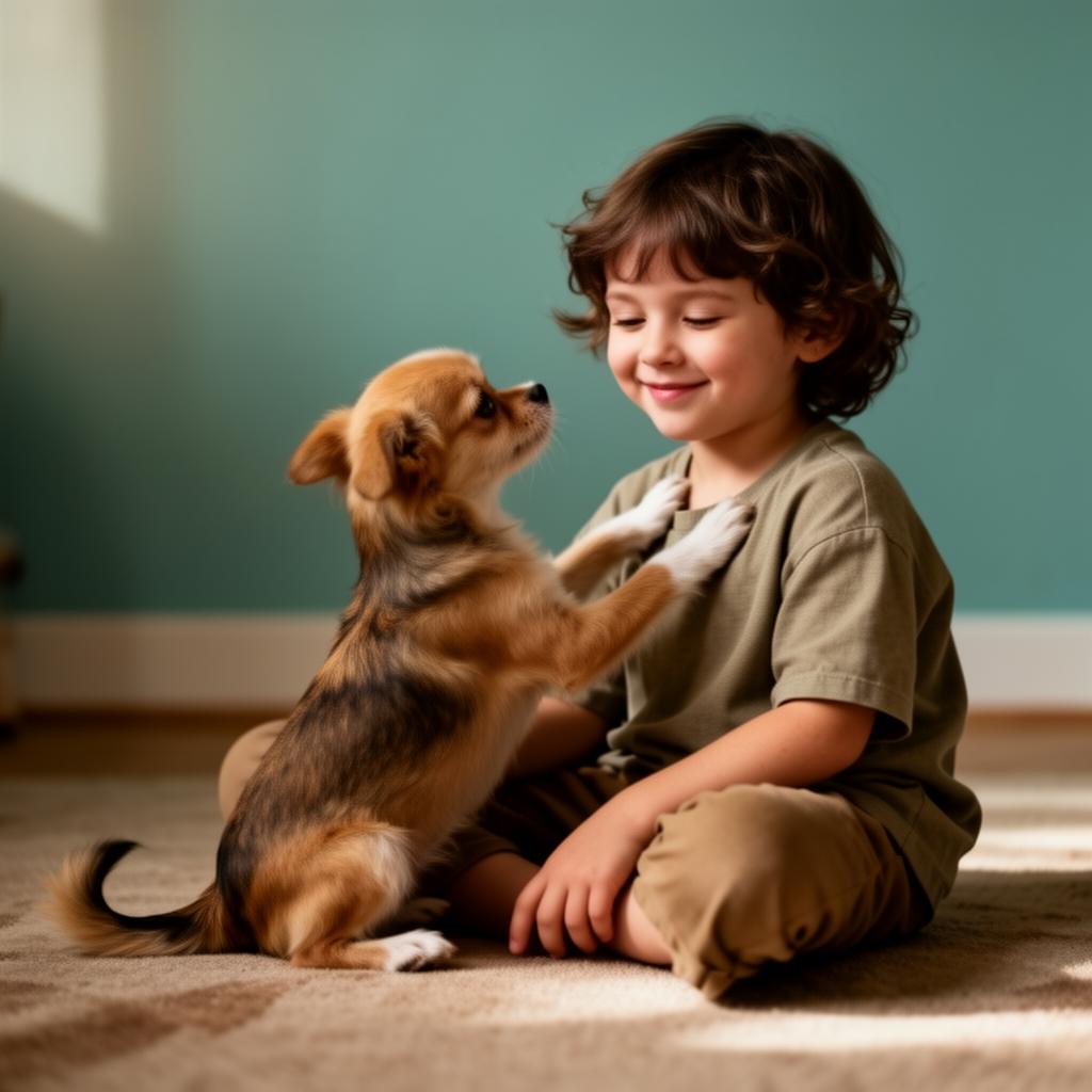 Small dog placing both paws gently on a child's chest