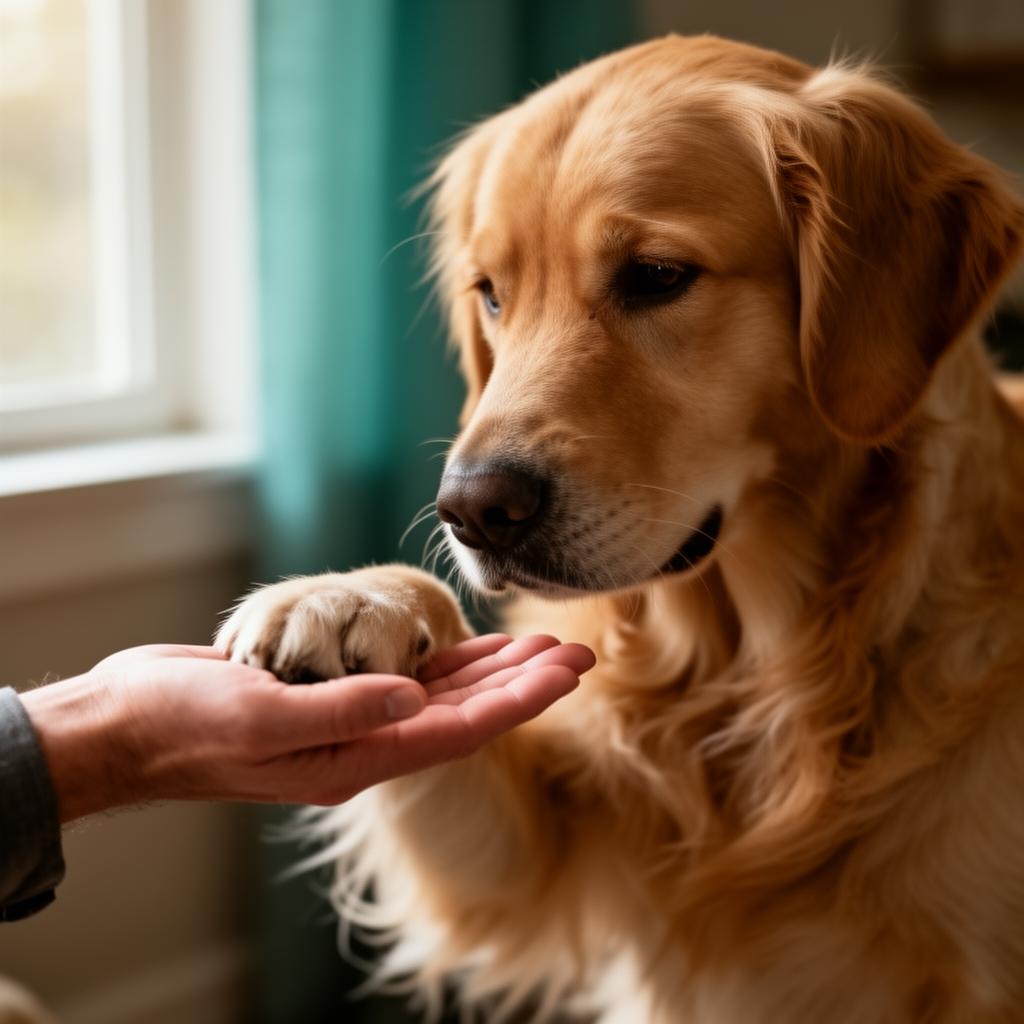 Golden retriever resting its paw in a person's open hand