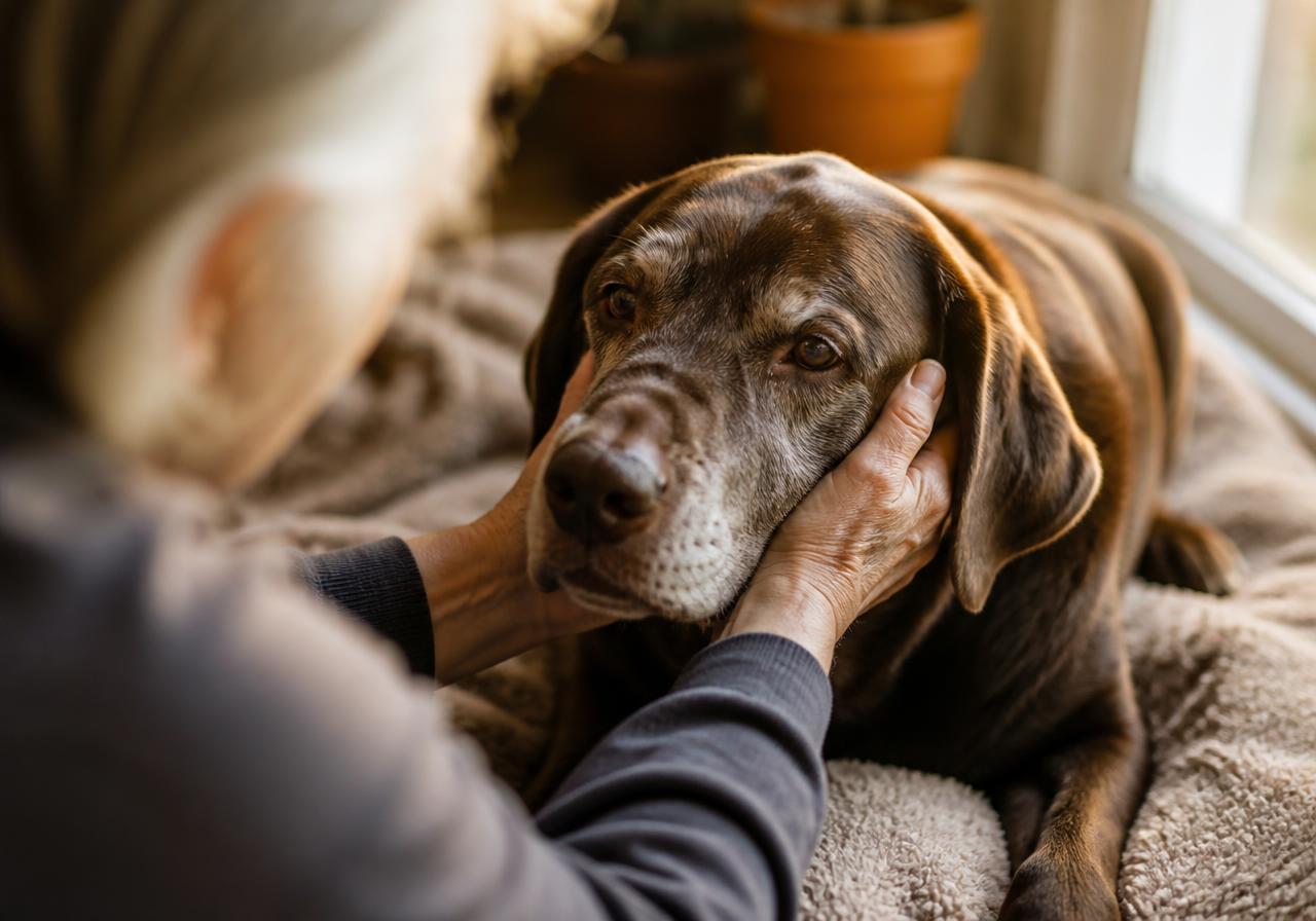 An older person gently cradling the face of a senior dog resting at home