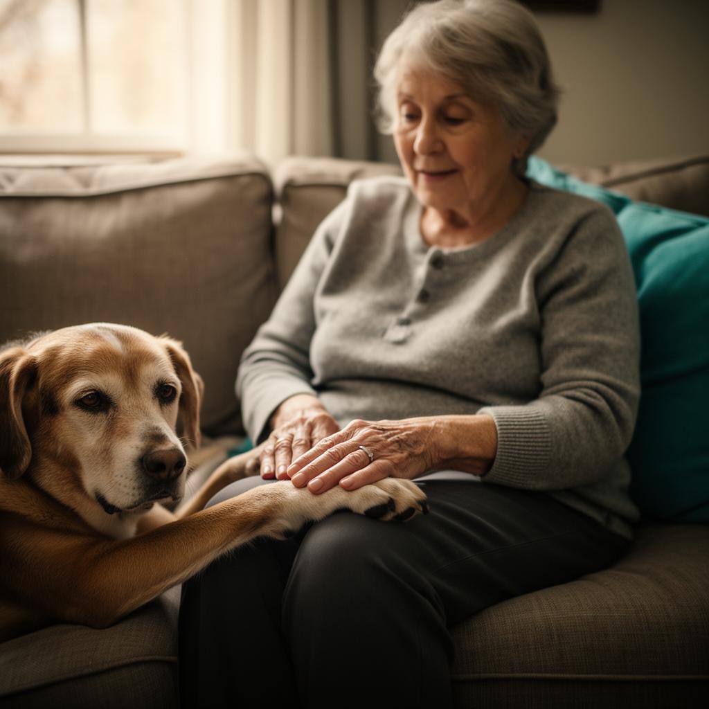 Senior dog resting its paw on an older woman's knee